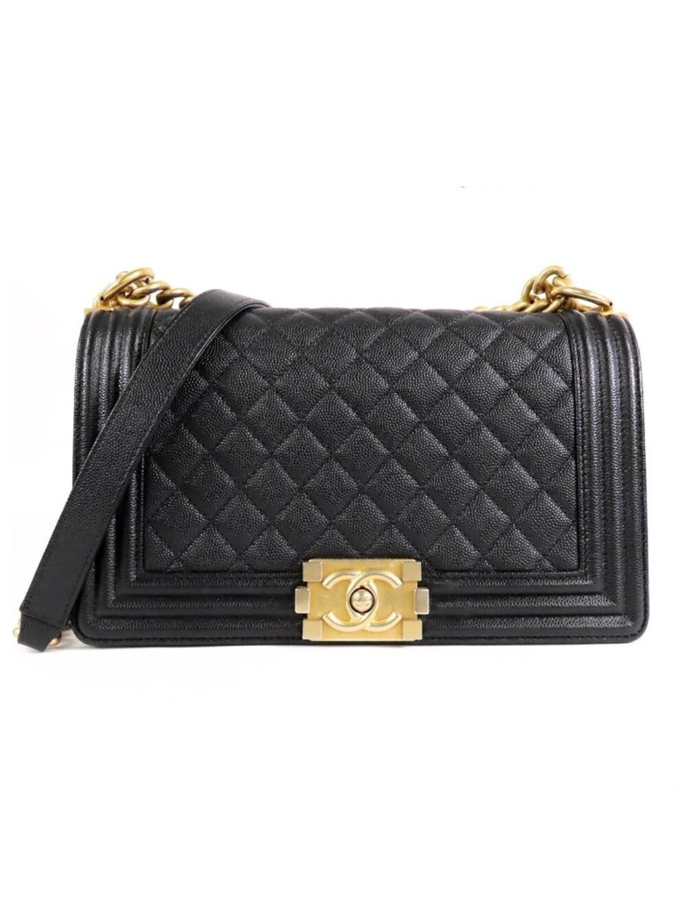 Chanel Boy Black Gold Caviar Leather Chain Shoulder Bag